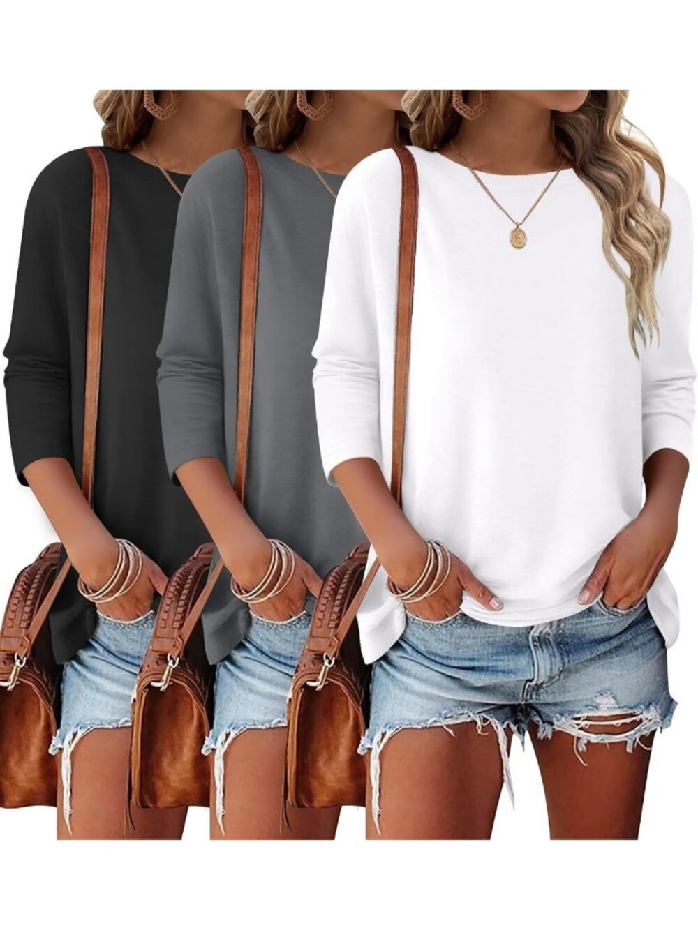 3 Pack Women's 3/4 Sleeve Crewneck Tops - Casual Basic Tees for Everyday Wear